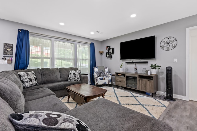 living room with a fireplace and light wood-type flooring