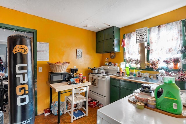 kitchen featuring green cabinets, electric stove, and sink