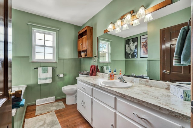 bathroom featuring vanity, a wealth of natural light, toilet, and wood-type flooring