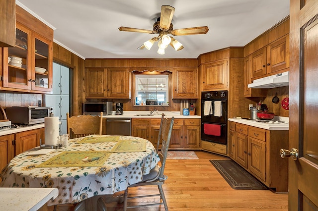 kitchen with sink, ornamental molding, ceiling fan, light hardwood / wood-style floors, and stainless steel appliances