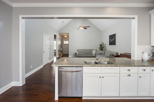 kitchen with dark wood-type flooring, a sink, open floor plan, stainless steel dishwasher, and light stone countertops