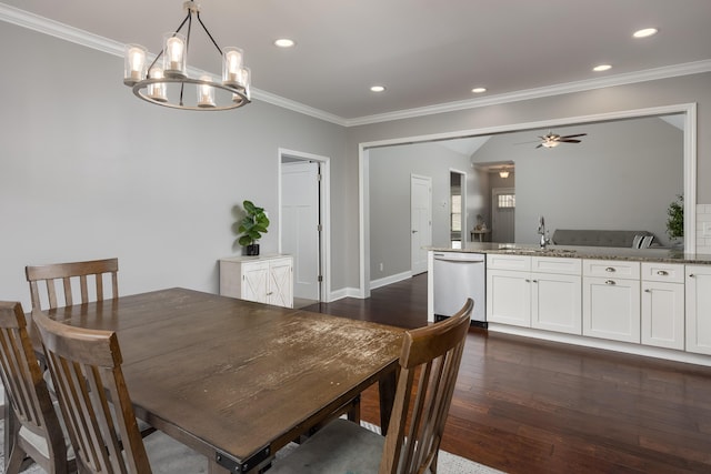 dining room featuring dark wood-style floors, recessed lighting, and crown molding