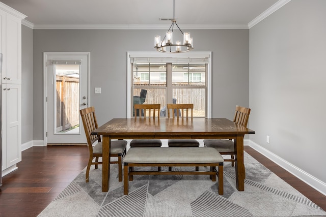 dining area featuring a healthy amount of sunlight, dark wood-style flooring, and an inviting chandelier