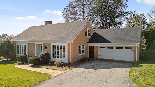 view of front of house featuring roof with shingles, an attached garage, a chimney, a front lawn, and concrete driveway