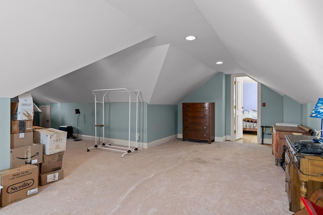 bonus room with lofted ceiling, carpet flooring, recessed lighting, and baseboards