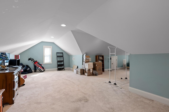 additional living space with light carpet, recessed lighting, baseboards, and lofted ceiling