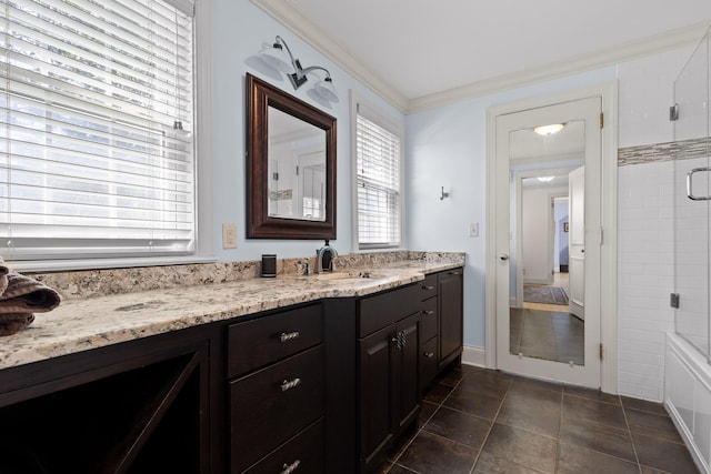 bathroom featuring vanity and crown molding