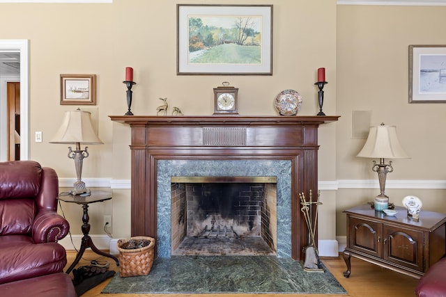 living area with wood finished floors, a fireplace, and baseboards