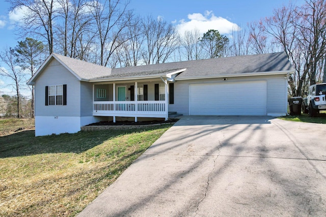 single story home featuring concrete driveway, an attached garage, covered porch, and a front yard