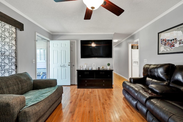 living room featuring a textured ceiling, light wood-style flooring, and ornamental molding