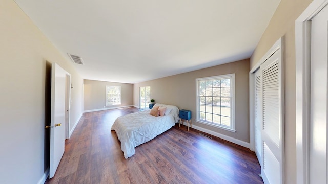 bedroom featuring a closet, dark wood-type flooring, and multiple windows