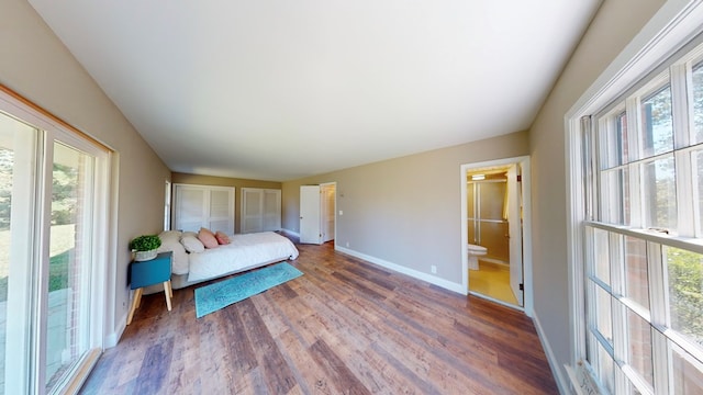 bedroom featuring connected bathroom and wood-type flooring