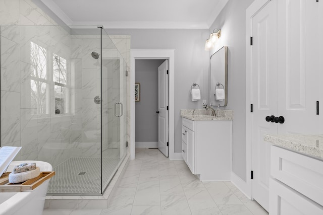 full bathroom with a marble finish shower, baseboards, marble finish floor, crown molding, and vanity