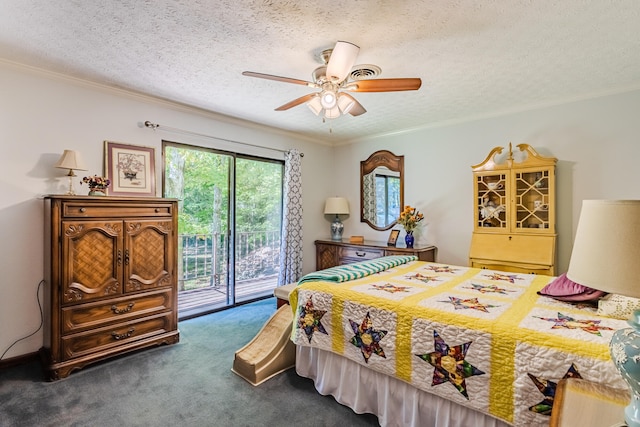 bedroom featuring ceiling fan, dark colored carpet, a textured ceiling, access to outside, and ornamental molding