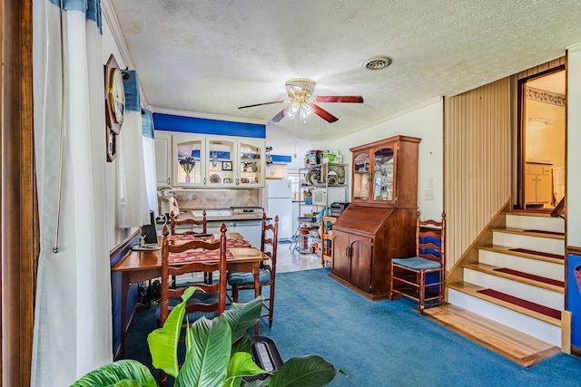 interior space with crown molding, ceiling fan, and a textured ceiling