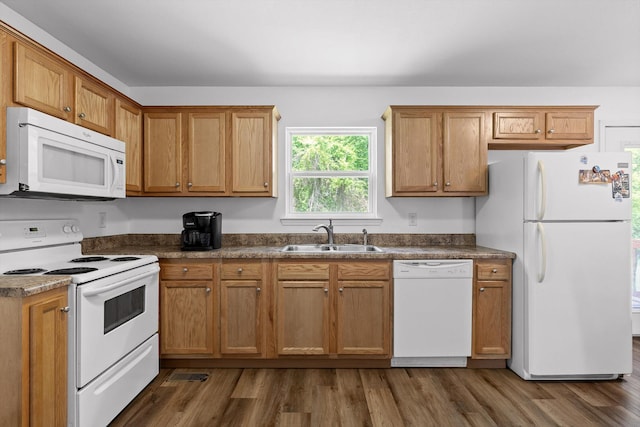 128 Mountain Breeze Ave, Dayton, TN 37321 - kitchen featuring white appliances, a sink, dark wood-style flooring, and dark countertops
