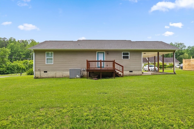 128 Mountain Breeze Ave, Dayton, TN 37321 - back of house featuring crawl space, central air condition unit, a lawn, and a wooden deck