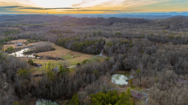 aerial view at dusk featuring a wooded view and a water and mountain view