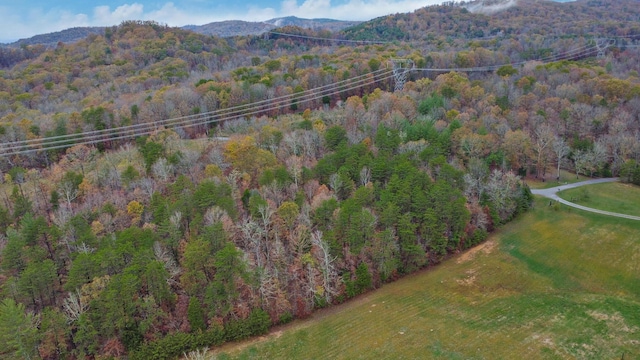 aerial view with a mountain view and a wooded view