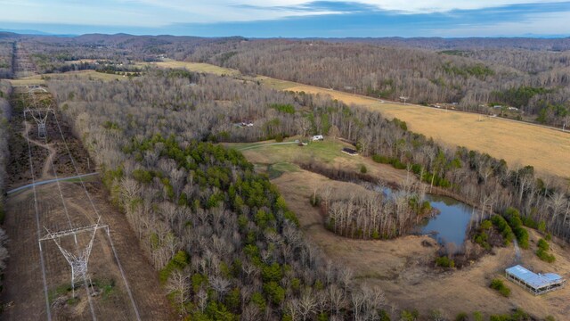 birds eye view of property featuring a water view and a view of trees