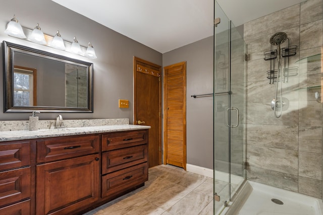 full bathroom with a stall shower, a closet, tile patterned flooring, and vanity