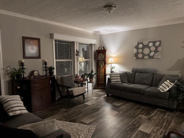 living room with dark hardwood / wood-style flooring, a textured ceiling, and ornamental molding