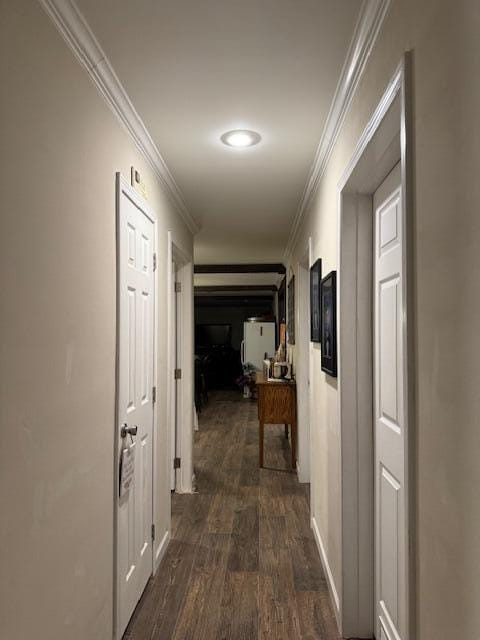 hallway with dark hardwood / wood-style flooring and ornamental molding