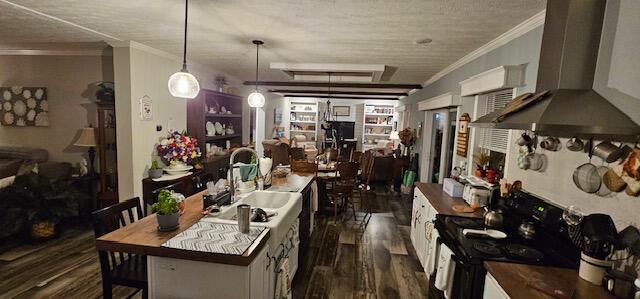 kitchen with a center island, ventilation hood, sink, black / electric stove, and dark hardwood / wood-style flooring