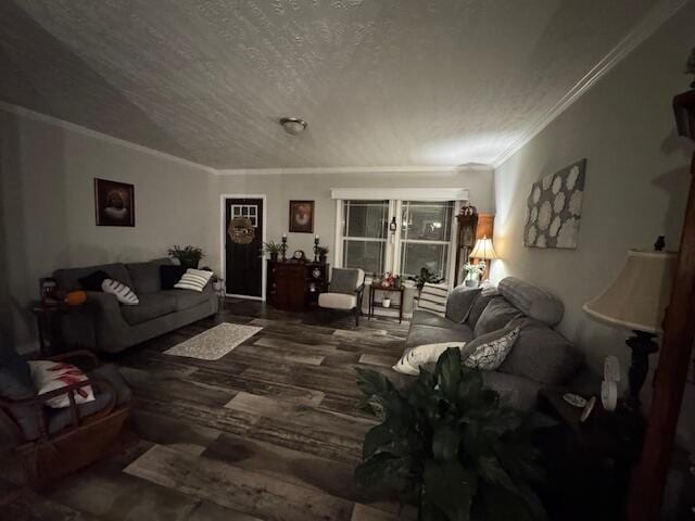 living room featuring hardwood / wood-style floors, ornamental molding, and a textured ceiling