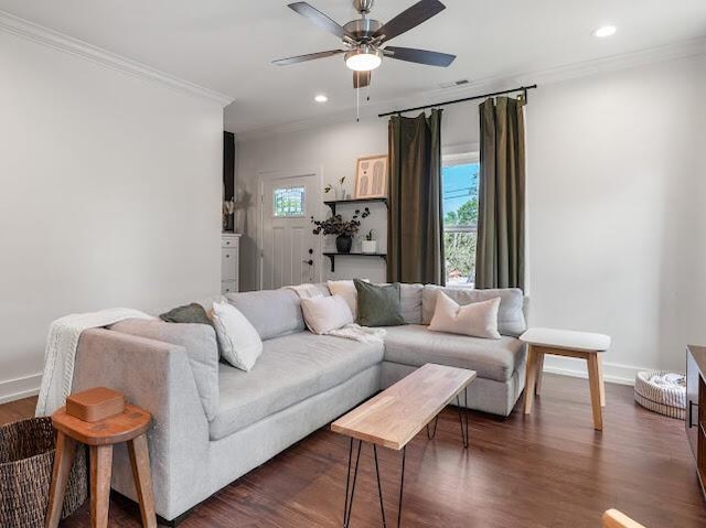 1323 Chippewa Ave SE, Cleveland, TN 37311 - living room featuring ornamental molding, a ceiling fan, recessed lighting, dark wood-style floors, and baseboards