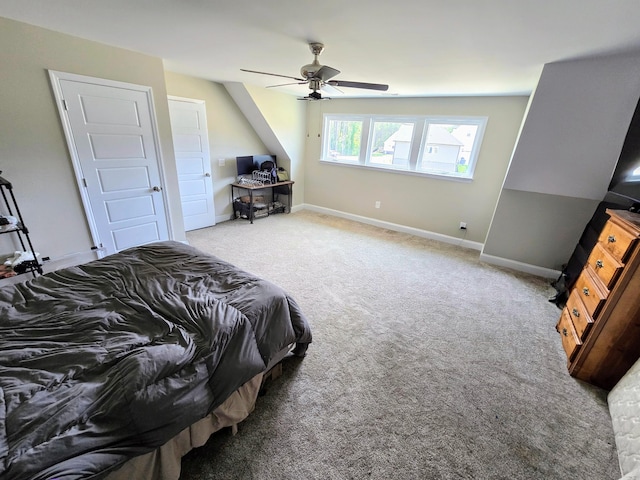 bedroom featuring ceiling fan and carpet floors