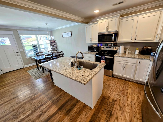 kitchen with white cabinets, pendant lighting, sink, and stainless steel appliances