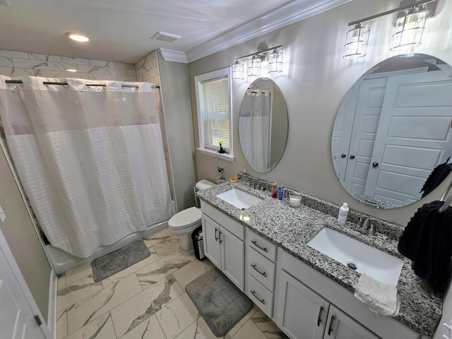 full bathroom featuring vanity, toilet, shower / bath combo with shower curtain, and crown molding