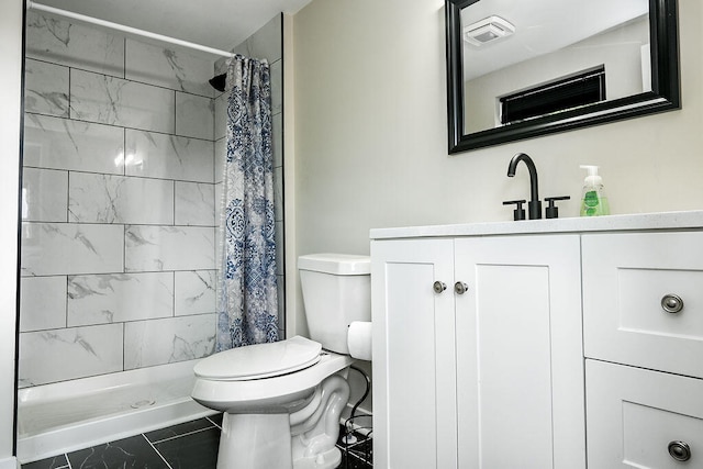 bathroom featuring curtained shower, tile patterned flooring, vanity, and toilet