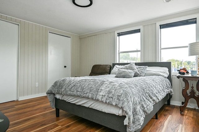 bedroom with dark hardwood / wood-style floors and multiple windows