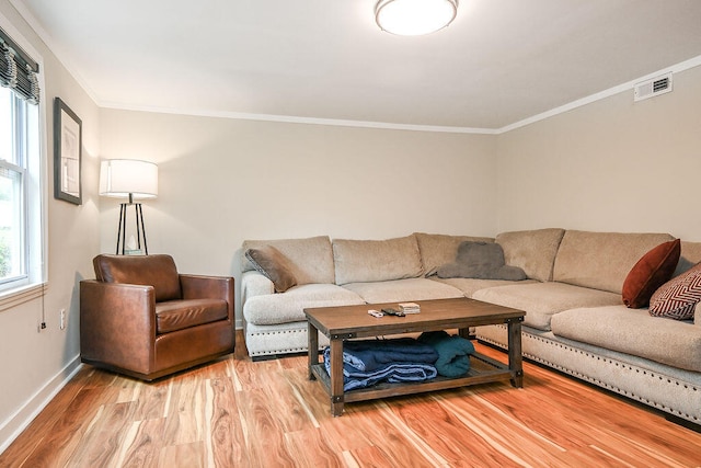 living room with ornamental molding and hardwood / wood-style flooring