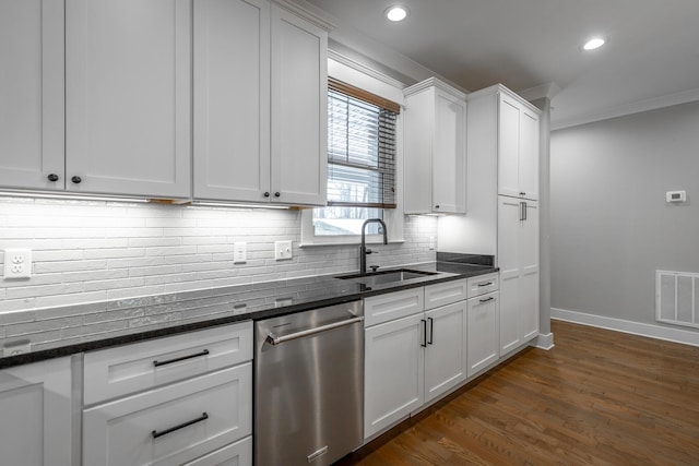 kitchen featuring sink, dark stone countertops, stainless steel dishwasher, decorative backsplash, and white cabinets