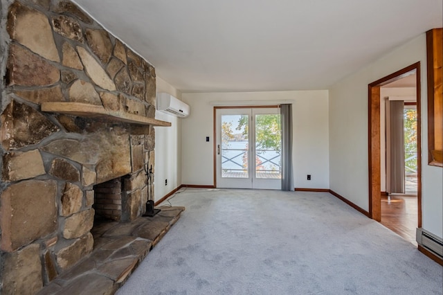 living room featuring a fireplace, baseboard heating, light carpet, and a wall unit AC