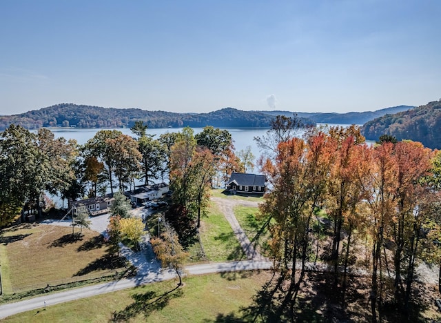 drone / aerial view with a water and mountain view