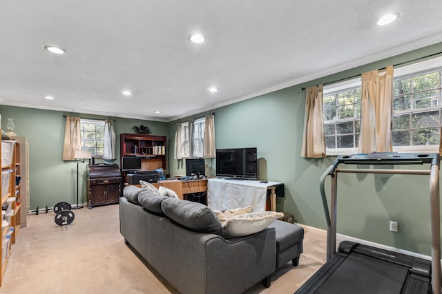 living room with light colored carpet, ornamental molding, and a textured ceiling