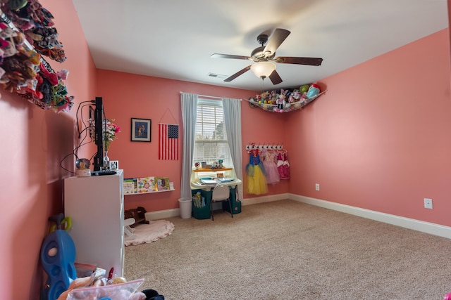 game room featuring visible vents, a ceiling fan, carpet flooring, and baseboards