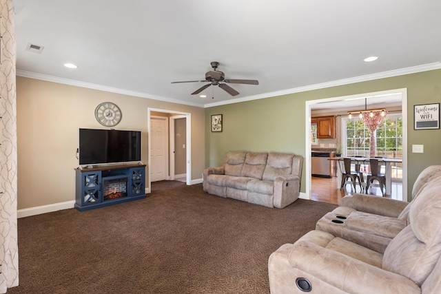 living room featuring dark carpet, a ceiling fan, and baseboards