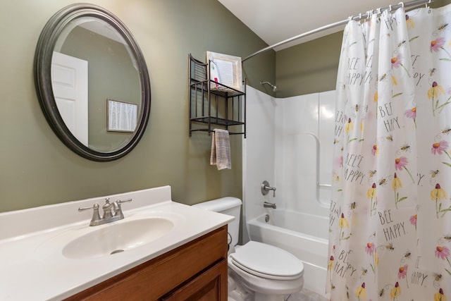 full bath with shower / bathtub combination with curtain, vanity, and toilet