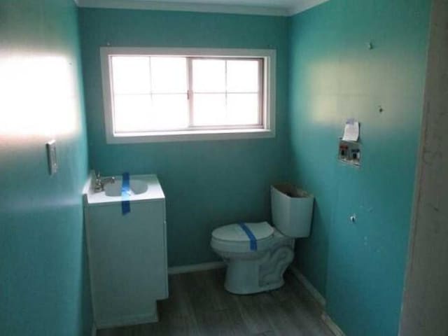 bathroom with vanity, wood-type flooring, a wealth of natural light, and toilet