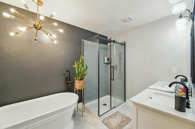 full bathroom with a soaking tub, an inviting chandelier, visible vents, a sink, and a stall shower
