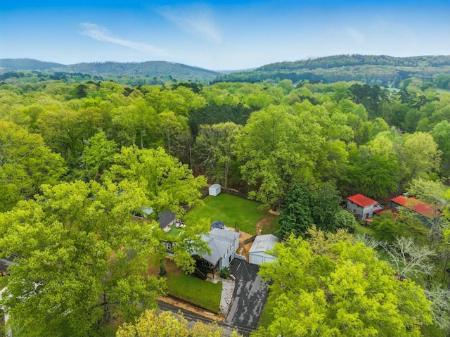 bird's eye view with a wooded view