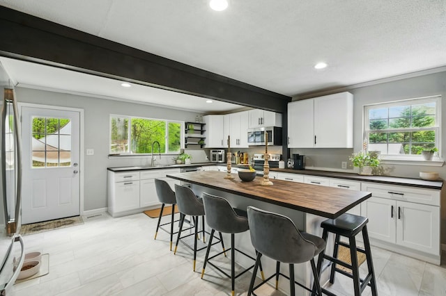 kitchen featuring wooden counters, open shelves, a healthy amount of sunlight, and stainless steel appliances