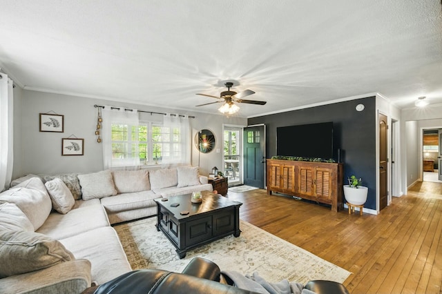 living area featuring ornamental molding, a ceiling fan, and wood-type flooring