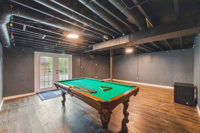 playroom with pool table, french doors, wood finished floors, and baseboards