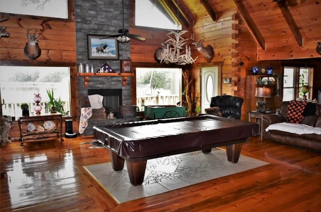 recreation room with beam ceiling, billiards, wooden ceiling, and hardwood / wood-style flooring